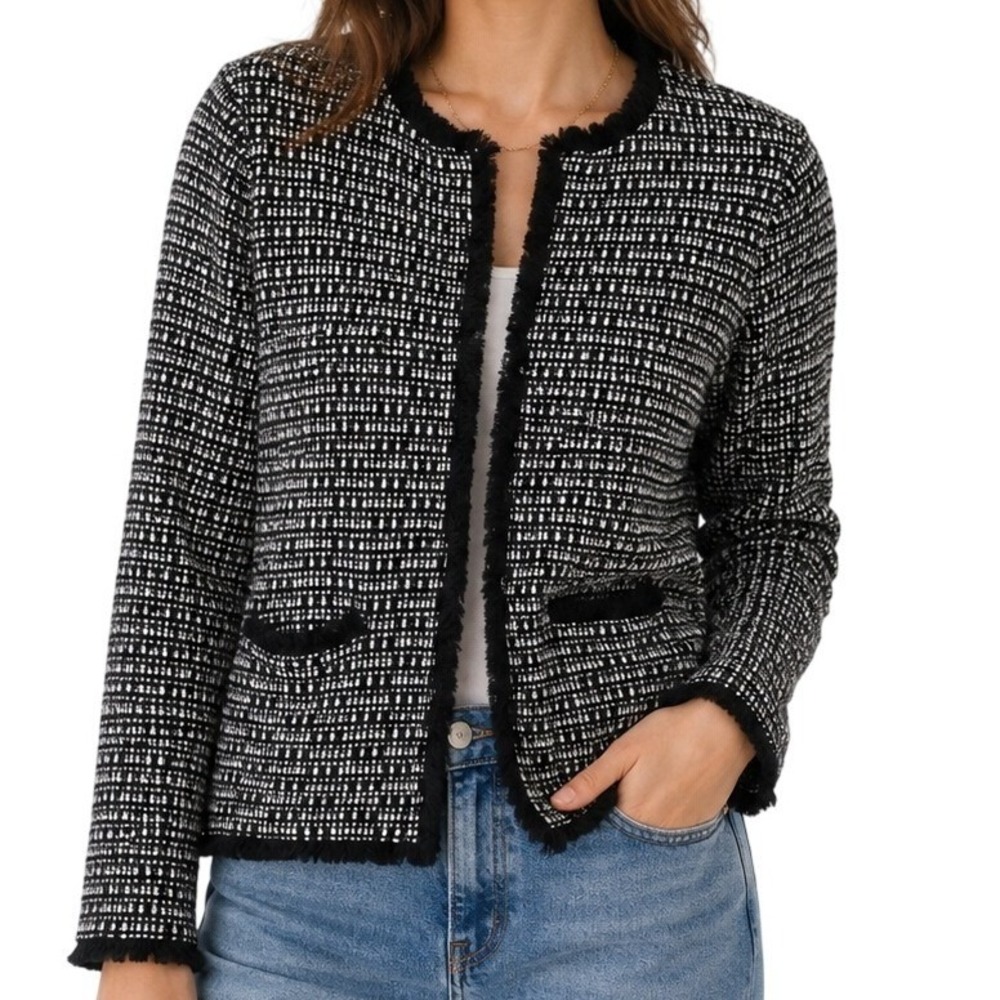 J.Crew Blue And White Tweed Fringe Trim Cardigan Jacket Women's Medium